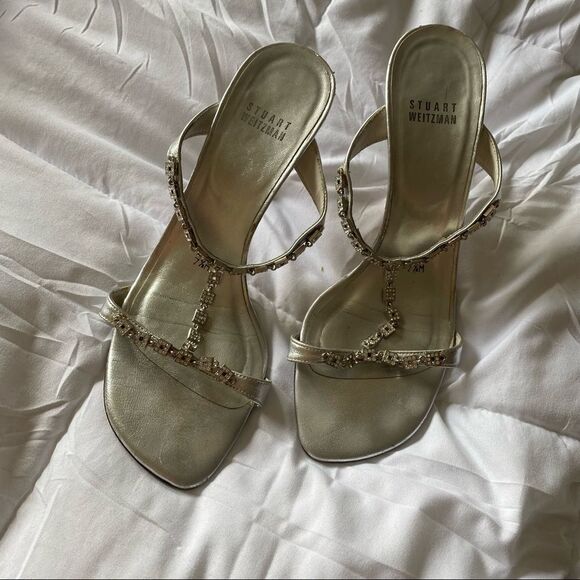 Stuart Weitzman Strappy Silver Chain Kitten Heels - Picture 1 of 6
